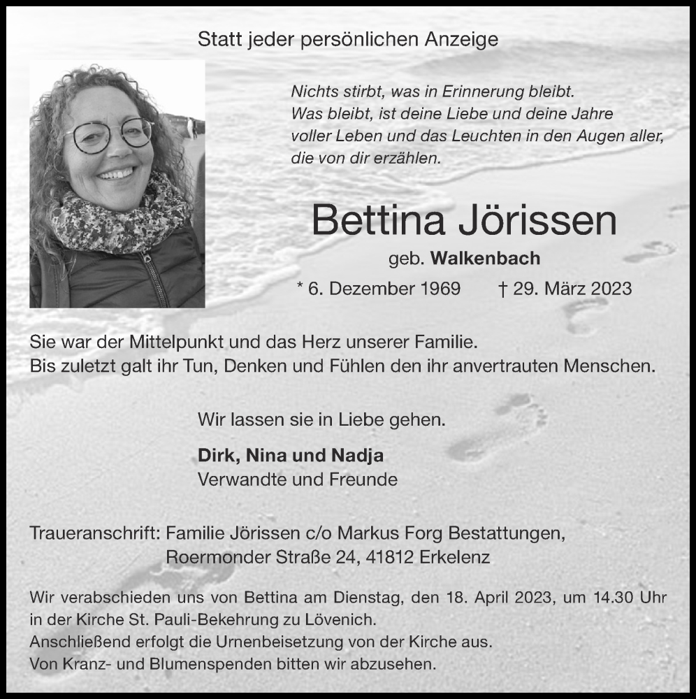  Traueranzeige für Bettina Jörissen vom 02.04.2023 aus Zeitung am Sonntag