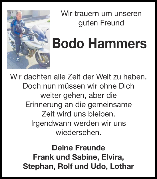 Traueranzeige von Bodo Hammers von Zeitung am Sonntag