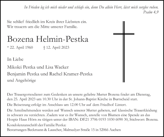 Traueranzeige von Bozena Helmin-Pestka von Aachener Zeitung