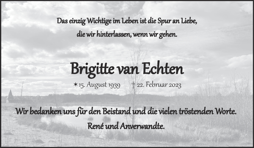  Traueranzeige für Brigitte van Echten vom 02.04.2023 aus Zeitung am Sonntag