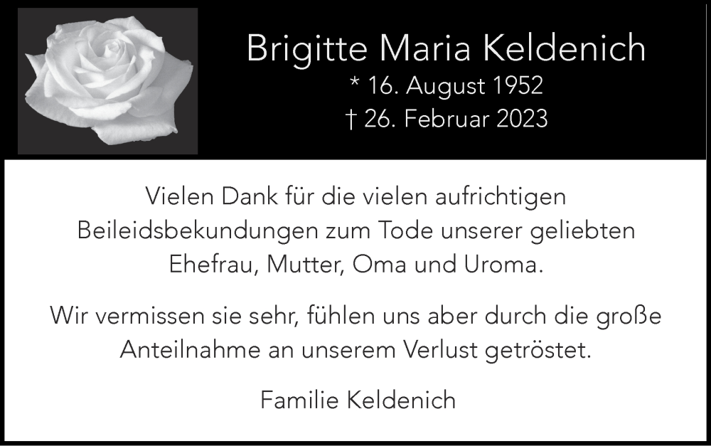  Traueranzeige für Brigitte Maria Keldenich vom 02.04.2023 aus Zeitung am Sonntag