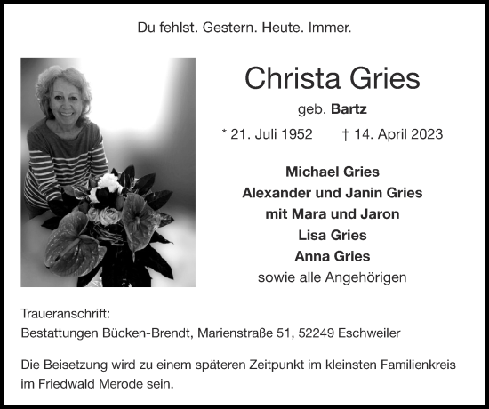 Traueranzeige von Christa Gries von Zeitung am Sonntag