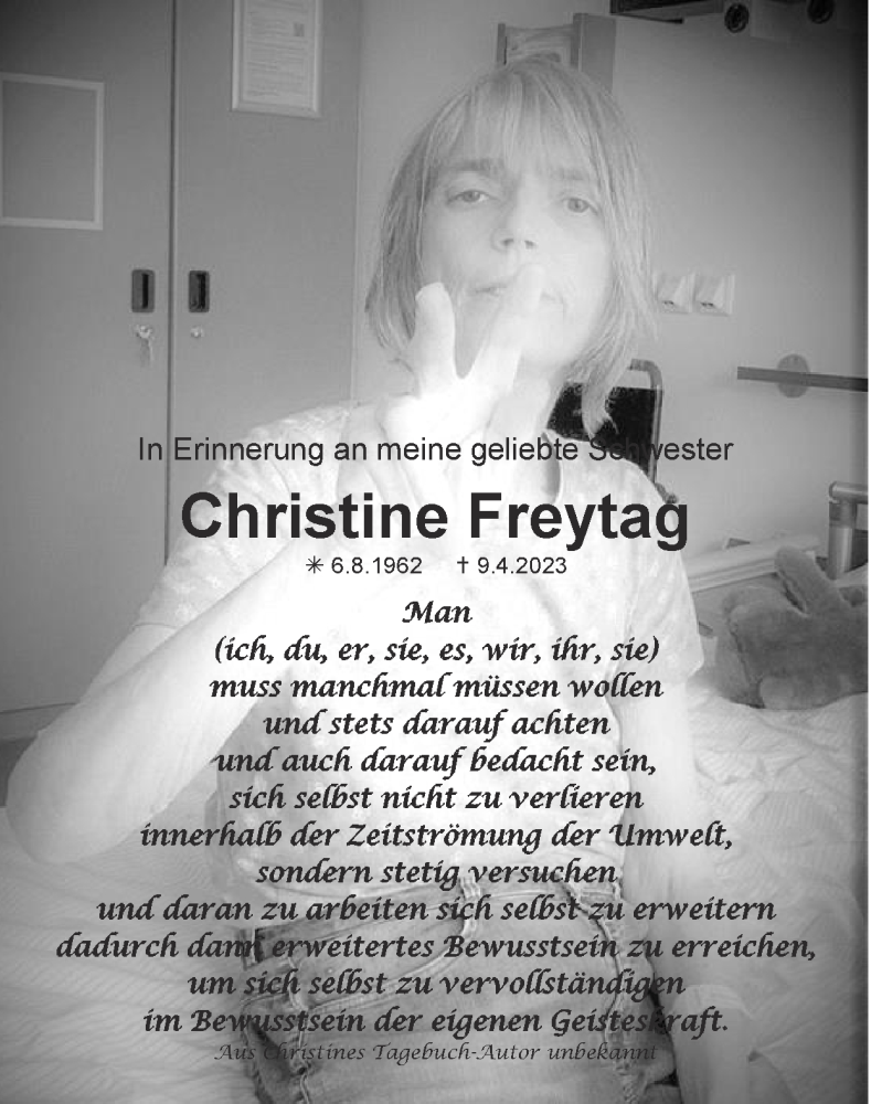  Traueranzeige für Christine Freytag vom 16.04.2023 aus Zeitung am Sonntag