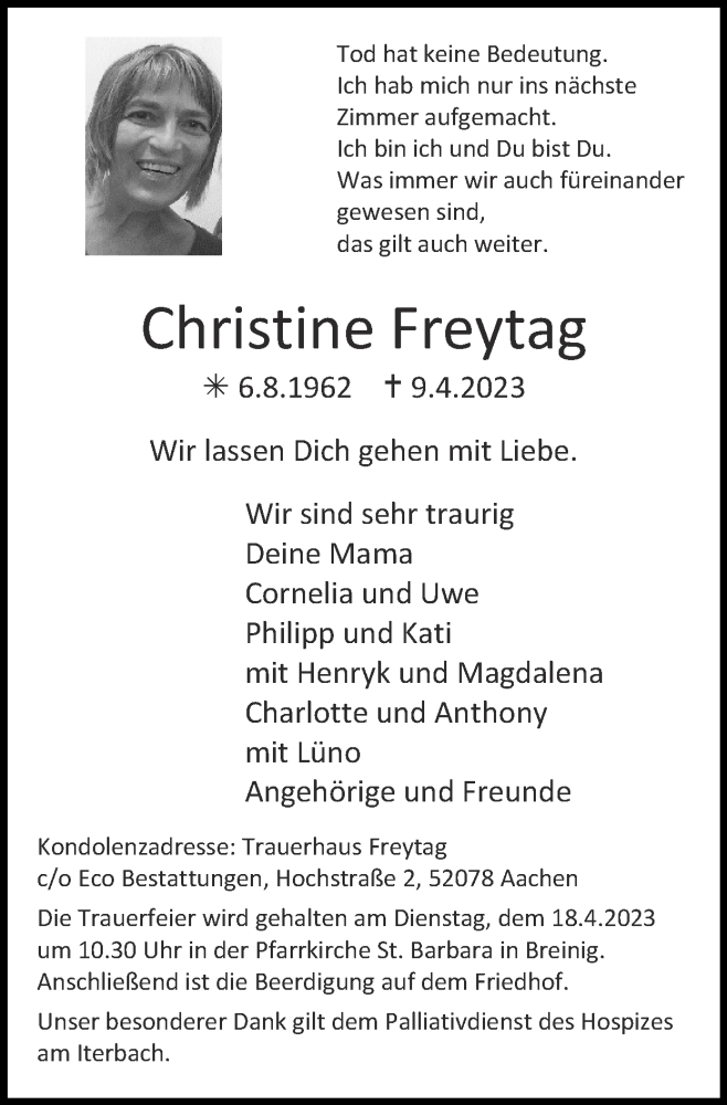  Traueranzeige für Christine Freytag vom 16.04.2023 aus Zeitung am Sonntag
