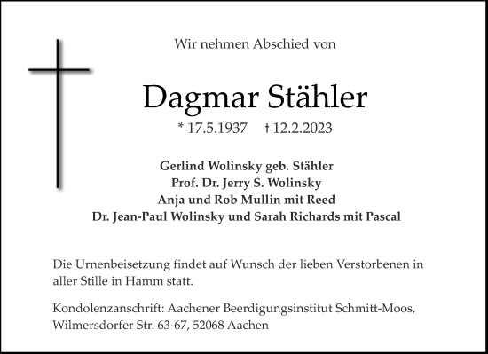 Traueranzeige von Dagmar Stähler von Aachener Zeitung