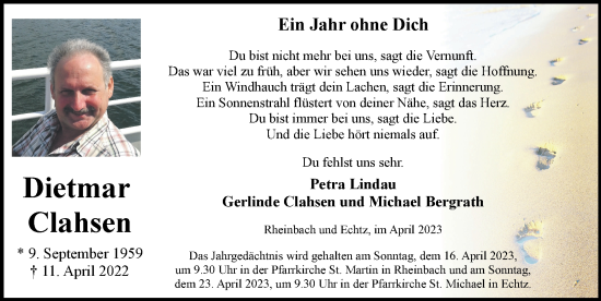 Traueranzeige von Dietmar Clahsen von Zeitung am Sonntag