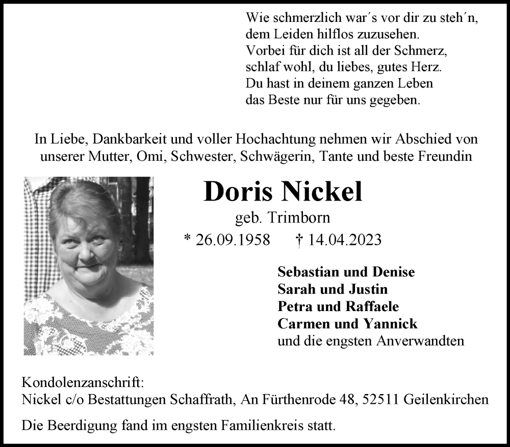  Traueranzeige für Doris Nickel vom 23.04.2023 aus Zeitung am Sonntag