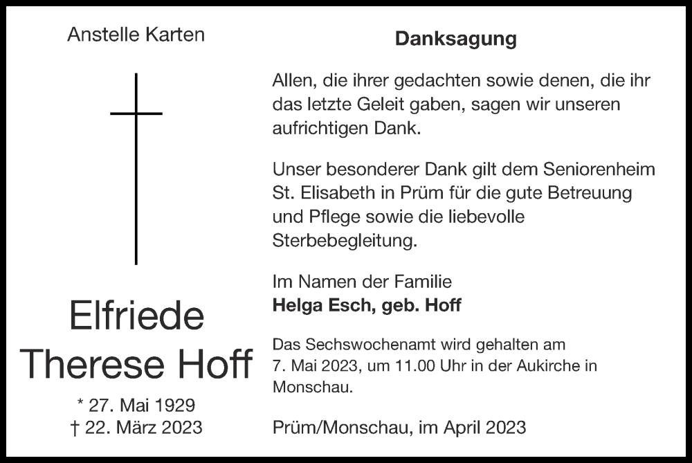  Traueranzeige für Elfriede Therese Hoff vom 30.04.2023 aus Zeitung am Sonntag