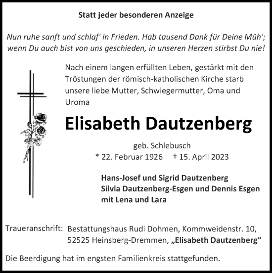 Traueranzeige von Elisabeth Dautzenberg von Zeitung am Sonntag