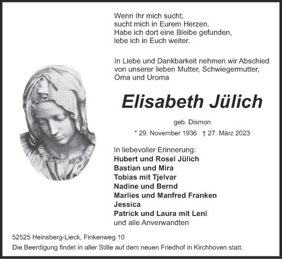 Traueranzeige von Elisabeth Jülich von Zeitung am Sonntag