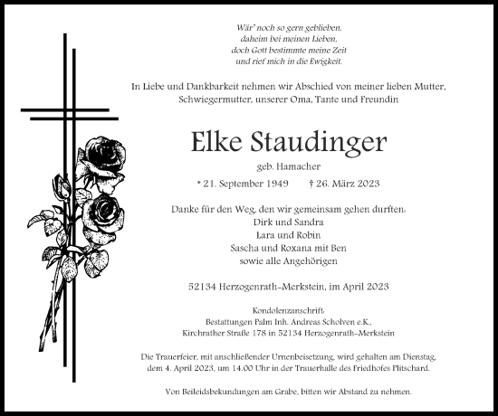 Traueranzeige von Elke Staudinger von Zeitung am Sonntag