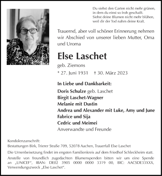 Traueranzeige von Else Laschet von Zeitung am Sonntag