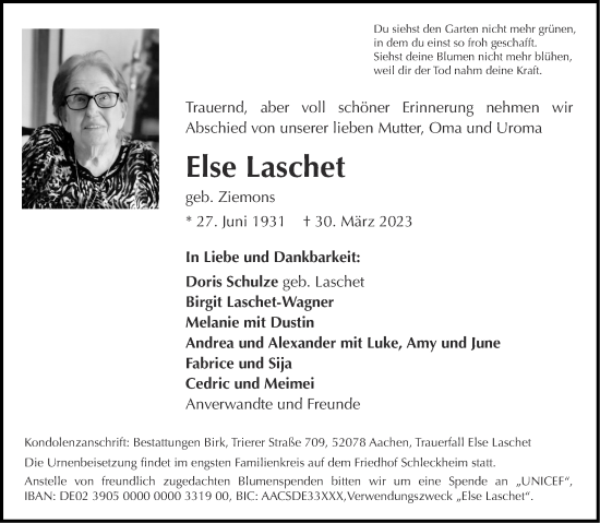 Traueranzeige von Else Laschet von Aachener Zeitung