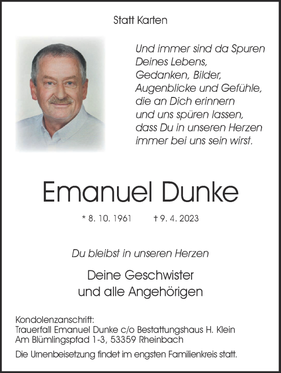 Traueranzeige von Emanuel Dunke von Zeitung am Sonntag