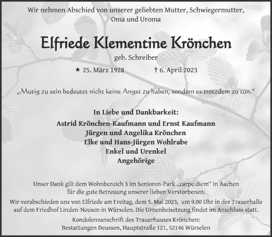 Traueranzeige von Erfriede Krememine Krönchen von Aachener Zeitung