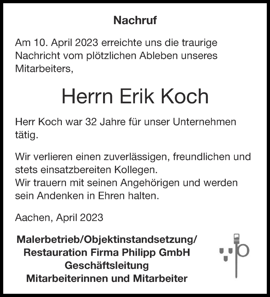  Traueranzeige für Erik Koch vom 19.04.2023 aus Aachener Zeitung