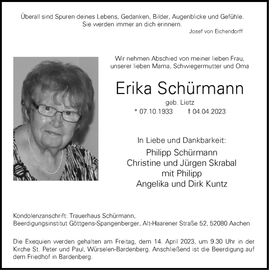 Traueranzeige von Erika Schürmann von Zeitung am Sonntag