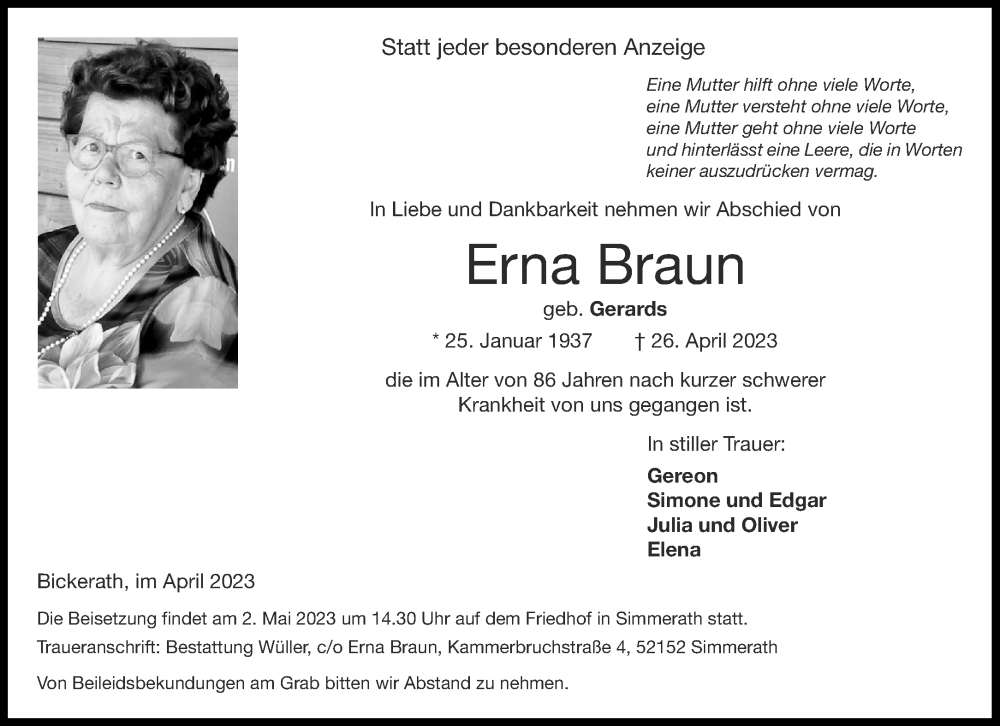 Traueranzeigen von Erna Braun Aachen gedenkt