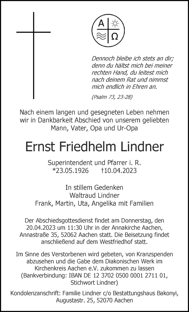  Traueranzeige für Ernst Friedhelm Lindner vom 15.04.2023 aus Aachener Zeitung