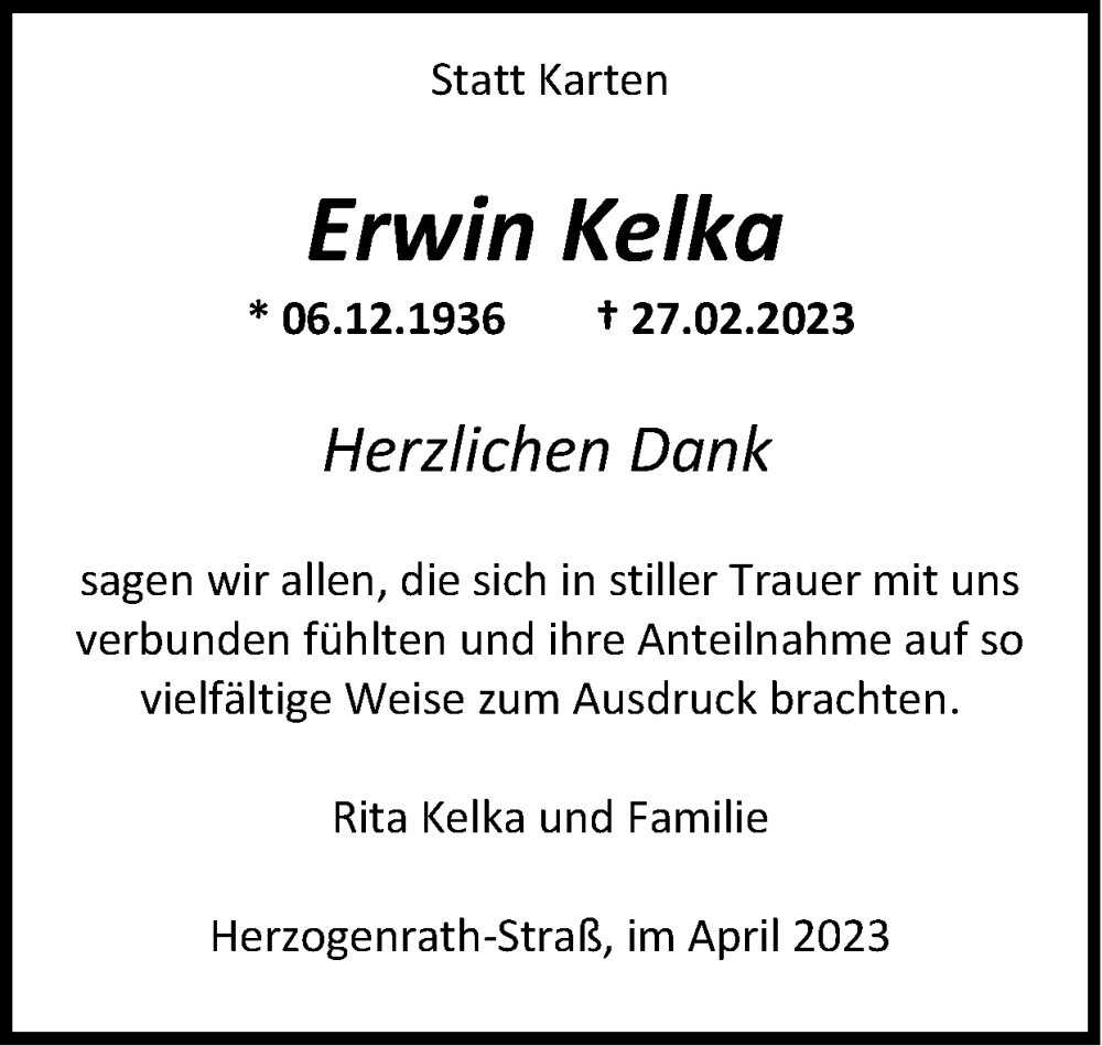  Traueranzeige für Erwin Kelka vom 02.04.2023 aus Zeitung am Sonntag
