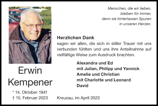 Traueranzeige von Erwin Kempener von Zeitung am Sonntag