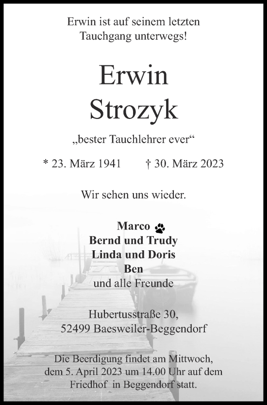 Traueranzeige von Erwin Strozyk von Zeitung am Sonntag