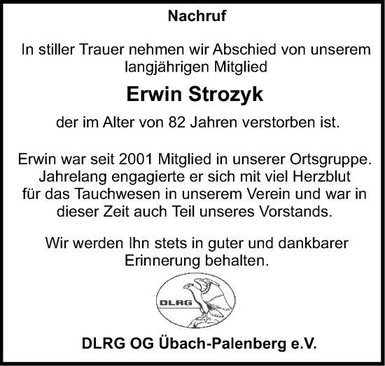 Traueranzeige von Erwin Strozyk von Zeitung am Sonntag