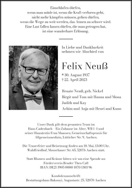 Traueranzeige von Felix Neuß von Zeitung am Sonntag
