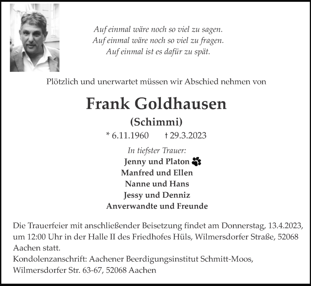 Traueranzeigen von Frank Goldhausen Aachen gedenkt