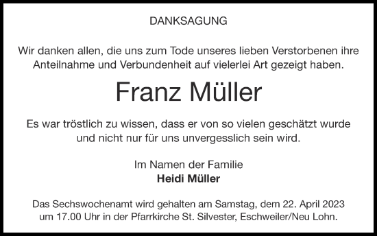 Traueranzeige von Franz Müller von Zeitung am Sonntag