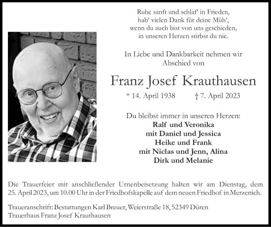 Traueranzeige von Franz Josef Krauthausen von Zeitung am Sonntag