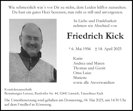 Traueranzeige von Friedrich Kick von Zeitung am Sonntag