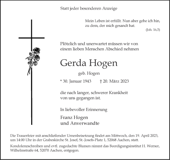 Traueranzeige von Gerda Hogen von Aachener Zeitung
