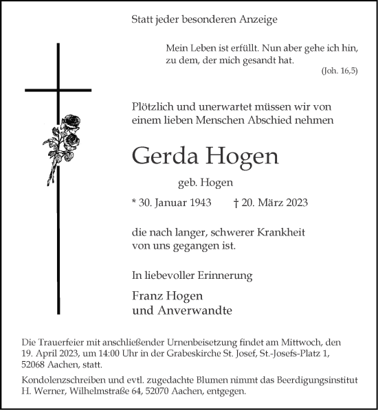 Traueranzeige von Gerda Hogen von Zeitung am Sonntag