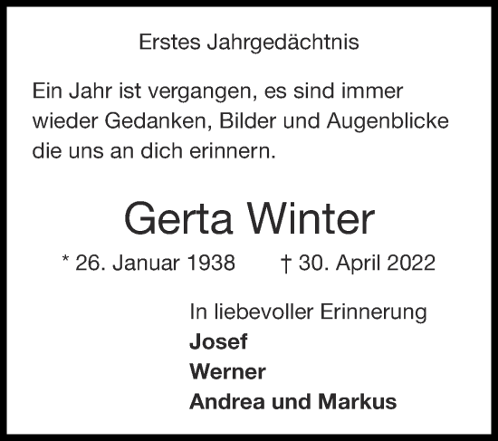 Traueranzeige von Gerta Winter von Zeitung am Sonntag