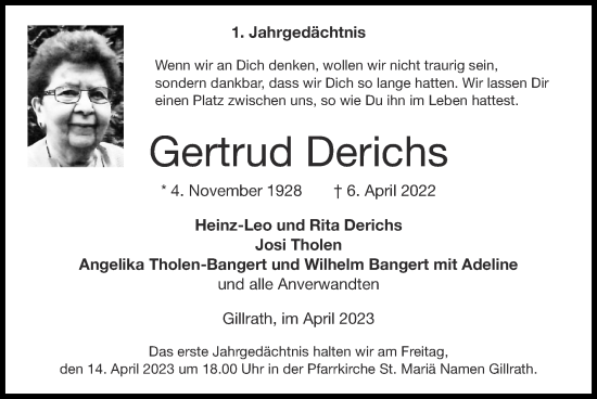 Traueranzeige von Gertrud Derichs von Zeitung am Sonntag