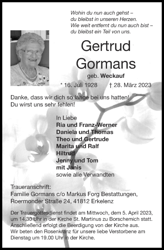 Traueranzeige von Gertrud Gormans von Zeitung am Sonntag