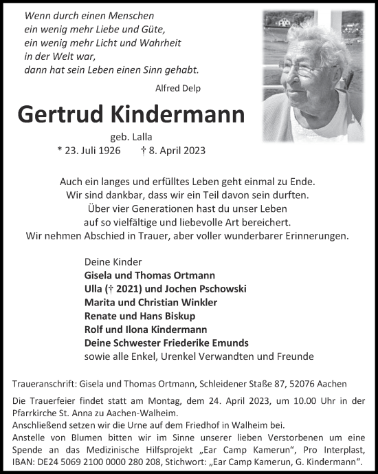 Traueranzeige von Gertrud Kindermann von Zeitung am Sonntag
