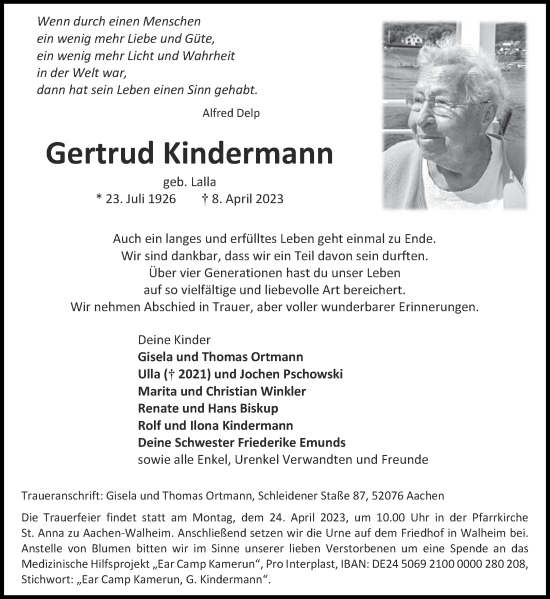 Traueranzeige von Gertrud Kindermann von Aachener Zeitung