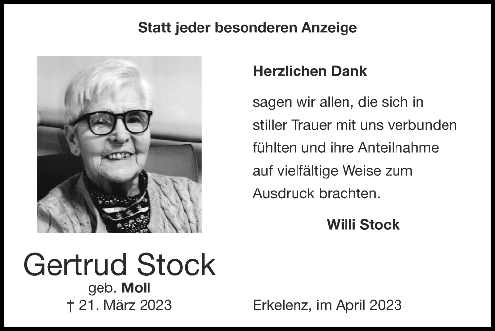  Traueranzeige für Gertrud Stock vom 16.04.2023 aus Zeitung am Sonntag