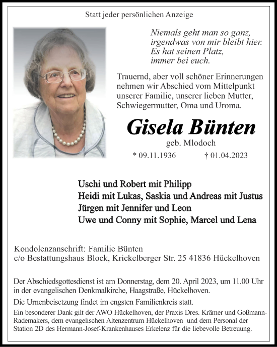 Traueranzeige von Gisela Bünten von Zeitung am Sonntag