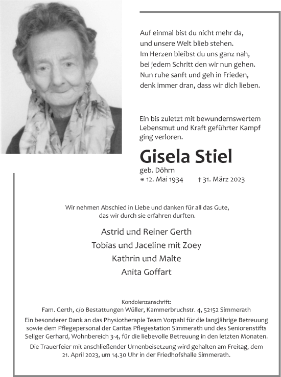 Traueranzeige von Gisela Stiel von Zeitung am Sonntag