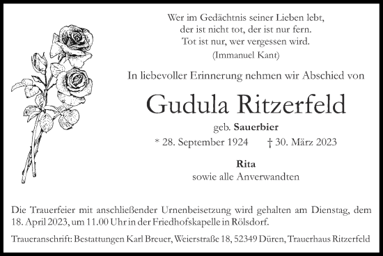 Traueranzeige von Gudula Ritzerfeld von Zeitung am Sonntag