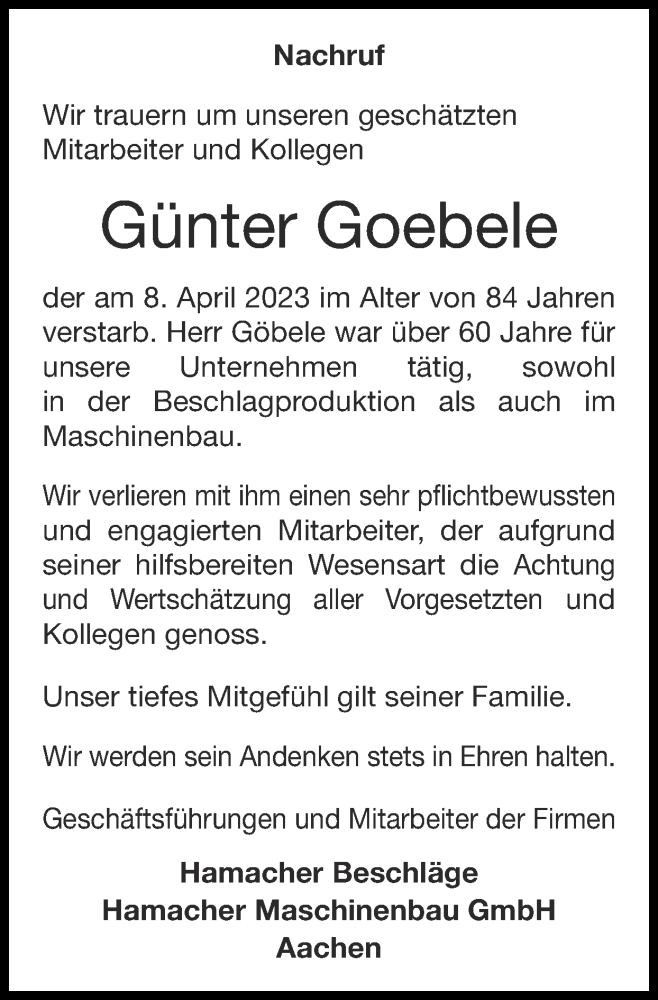  Traueranzeige für Günter Goebele vom 23.04.2023 aus Zeitung am Sonntag