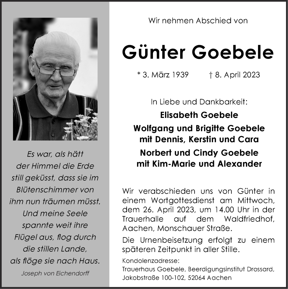 Traueranzeige für Günter Goebele vom 23.04.2023 aus Zeitung am Sonntag