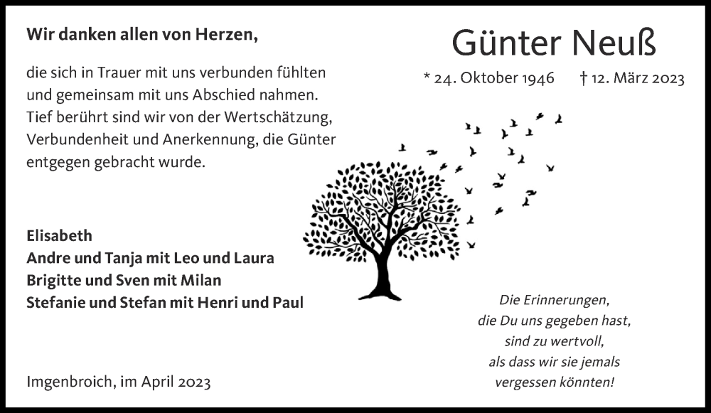  Traueranzeige für Günter Neuß vom 22.04.2023 aus Aachener Zeitung