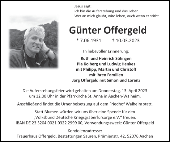 Traueranzeige von Günter Offergeld von Zeitung am Sonntag