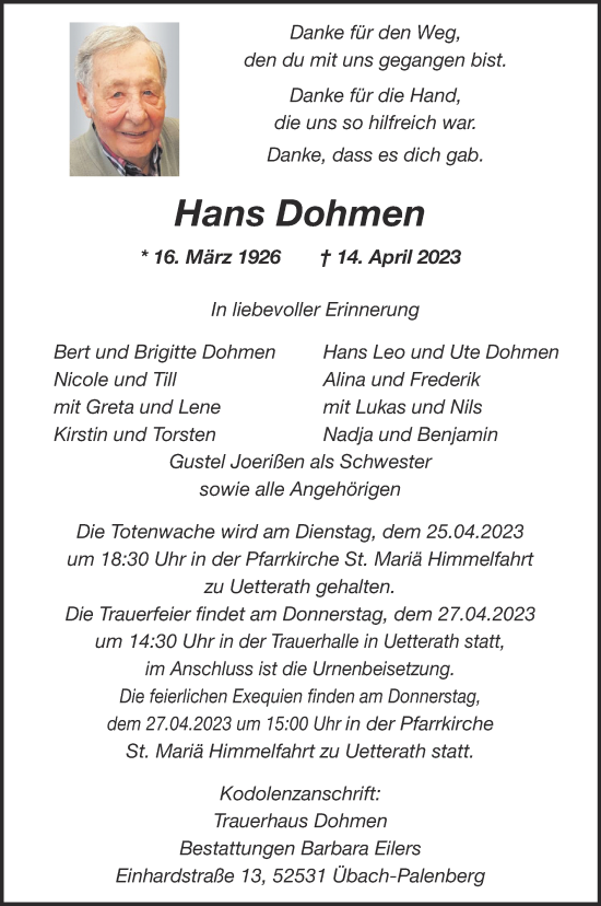 Traueranzeige von Hans Dohmen von Zeitung am Sonntag