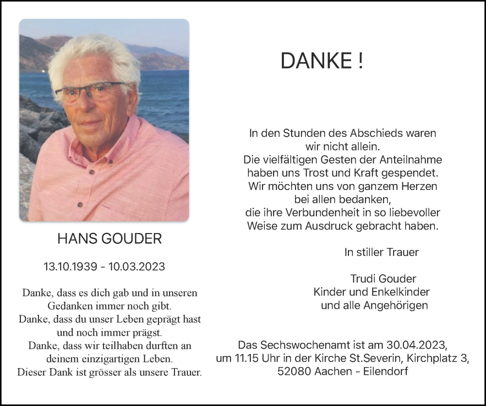  Traueranzeige für Hans Gouder vom 23.04.2023 aus Zeitung am Sonntag