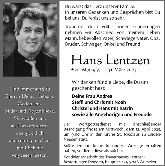 Traueranzeige von Hans Lentzen von Zeitung am Sonntag